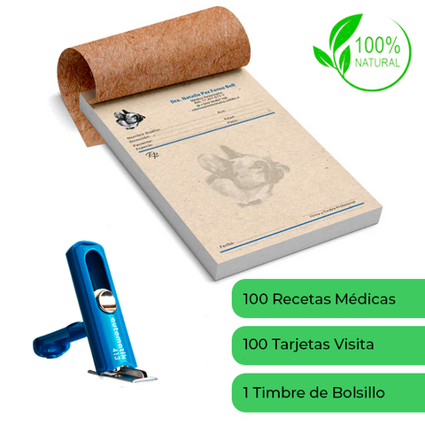 Pack Médico Ecológico Incluye 1 Talonario de 100 Recetas + 1 Timbre Personalizado de Bolsillo (portátil) + 100 Tarjetas de Presentación en papel Reciclable
