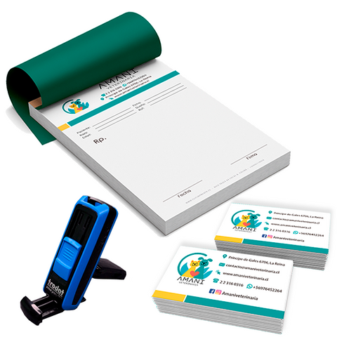 Pack Médico Veterinario Incluye 100 Recetas Médicas o Examenes mas un Timbre de Bolsillo y 100 Tarjetas de Visita