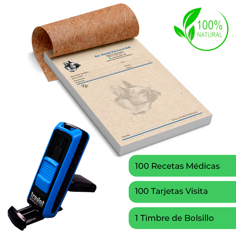 Pack Médico Ecológico Incluye 1 Talonario de 100 Recetas + 1 Timbre Personalizado de Bolsillo (portátil) + 100 Tarjetas de Presentación en papel Reciclable