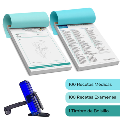 Pack Médico 5 Incluye: 1 Recetario Médico + 1 Recetario de Examenes + 1 Timbre de Bolsillo + Diseño Personalizado