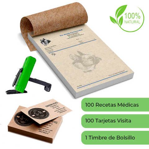Pack Médico Ecológico Incluye 1 Talonario de 100 Recetas + 1 Timbre Personalizado de Bolsillo (portátil) + 100 Tarjetas de Presentación en papel Reciclable