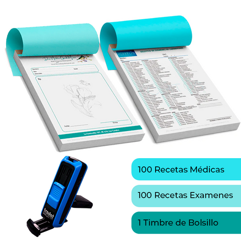 Pack Médico 5 Incluye: 1 Recetario Médico + 1 Recetario de Examenes + 1 Timbre de Bolsillo + Diseño Personalizado