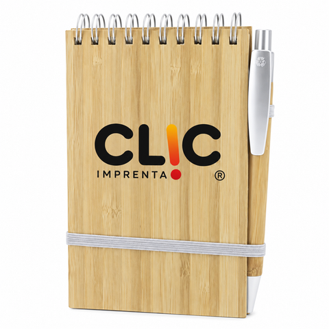 Regalos corporativos ecológicos por mayor: set de libreta con tapa de bambú y lápiz personalizado