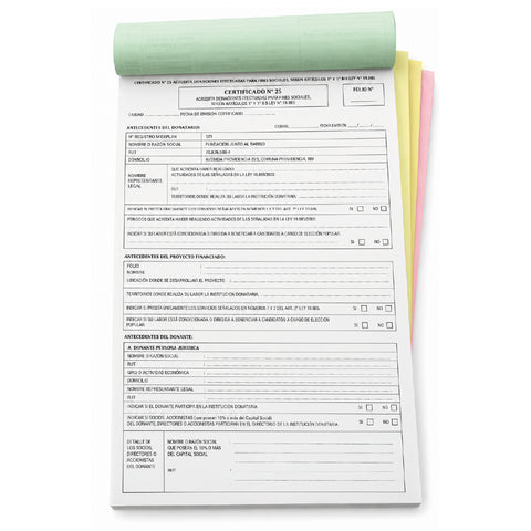 Talonario de Donación - CERTIFICADO N° 25 ACREDITA DONACIONES EFECTUADAS PARA FINES SOCIALES, SEGÚN ARTÍCULOS 1° Y 1º BIS LEY N° 19.885 - tamaño oficio