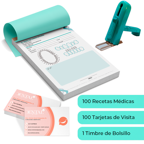 Pack Médico Odontologia Incluye 100 Recetas Médicas o Examenes mas un Timbre de Bolsillo y 100 Tarjetas de Visita