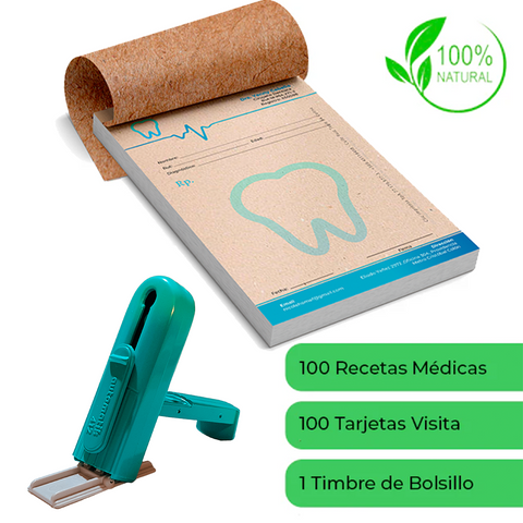 Pack Médico Ecológico Incluye 1 Talonario de 100 Recetas + 1 Timbre Personalizado de Bolsillo+ 100 Tarjetas de Presentación en papel Reciclable