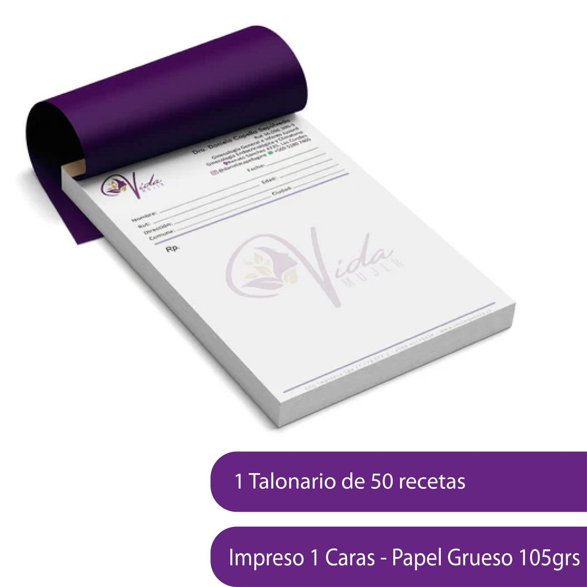Talonario de Receta Medica Papel Grueso 105grs - MAYORISTA - 50 recetas por talonario - 1 cara - papel 105grs (grueso)