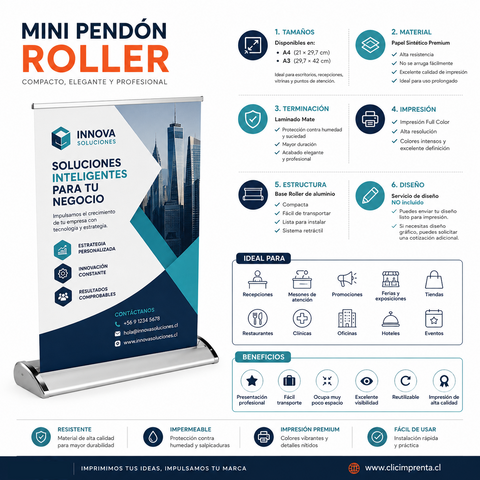 Pendon  MIni Roller Personalizado de 30x42 cm laminado mate (A3) - Grande