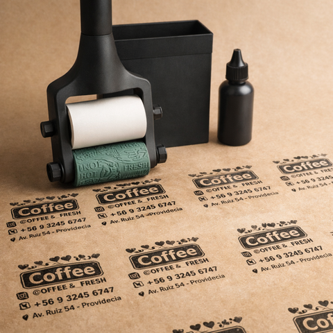 Timbre Roller Stamp Personalizado para Cajas, Bolsas y Tela Kit RollerStamp 5x14cm Clic Imprenta