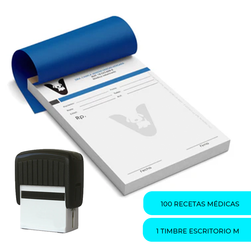 Pack Médico Numero 6 - Incluye 1 Recetario medico Personalizado  con 100 recetas + 1 Timbre Mediano Personalizado