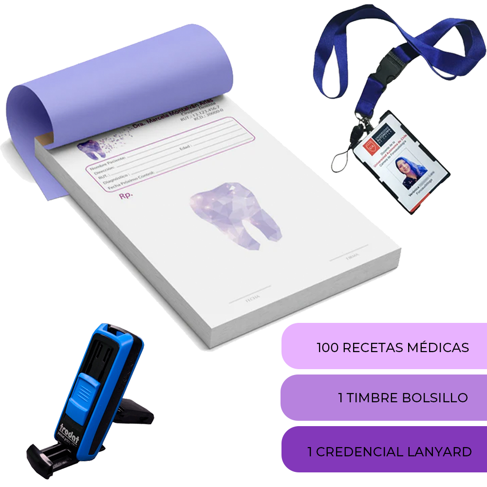 Pack Médico 7  Inclye: un talonario de recetas médicas + un timbre de Bolsillo + una credencial personalizada + Lanyard y portacredencial