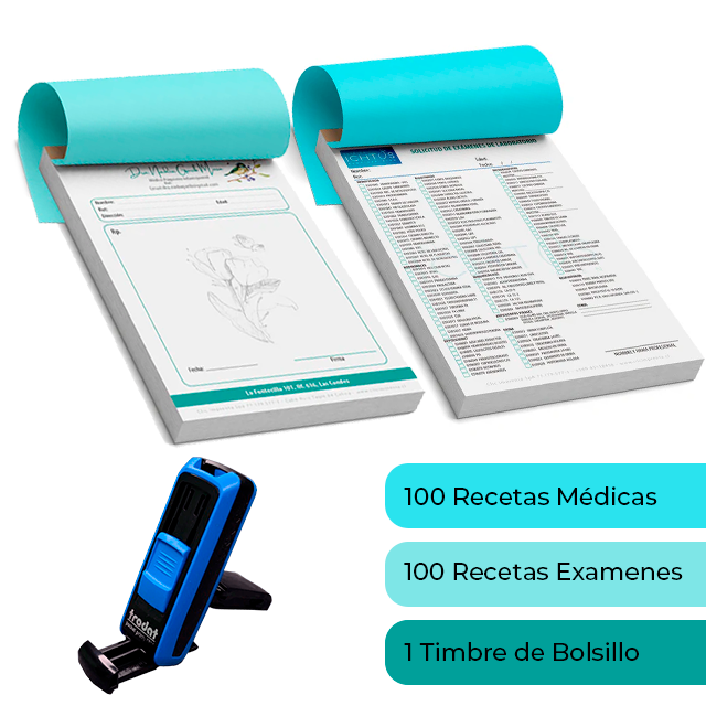 Pack Médico 5 Incluye: 1 Recetario Médico + 1 Recetario de Examenes + 1 Timbre de Bolsillo + Diseño Personalizado